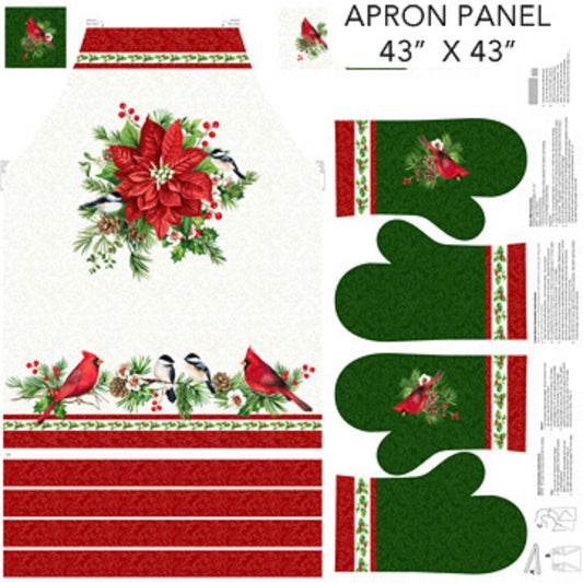 Yuletide Traditions Apron Panel-43" x  43"-Poinsettias & Cardinals-Northcott