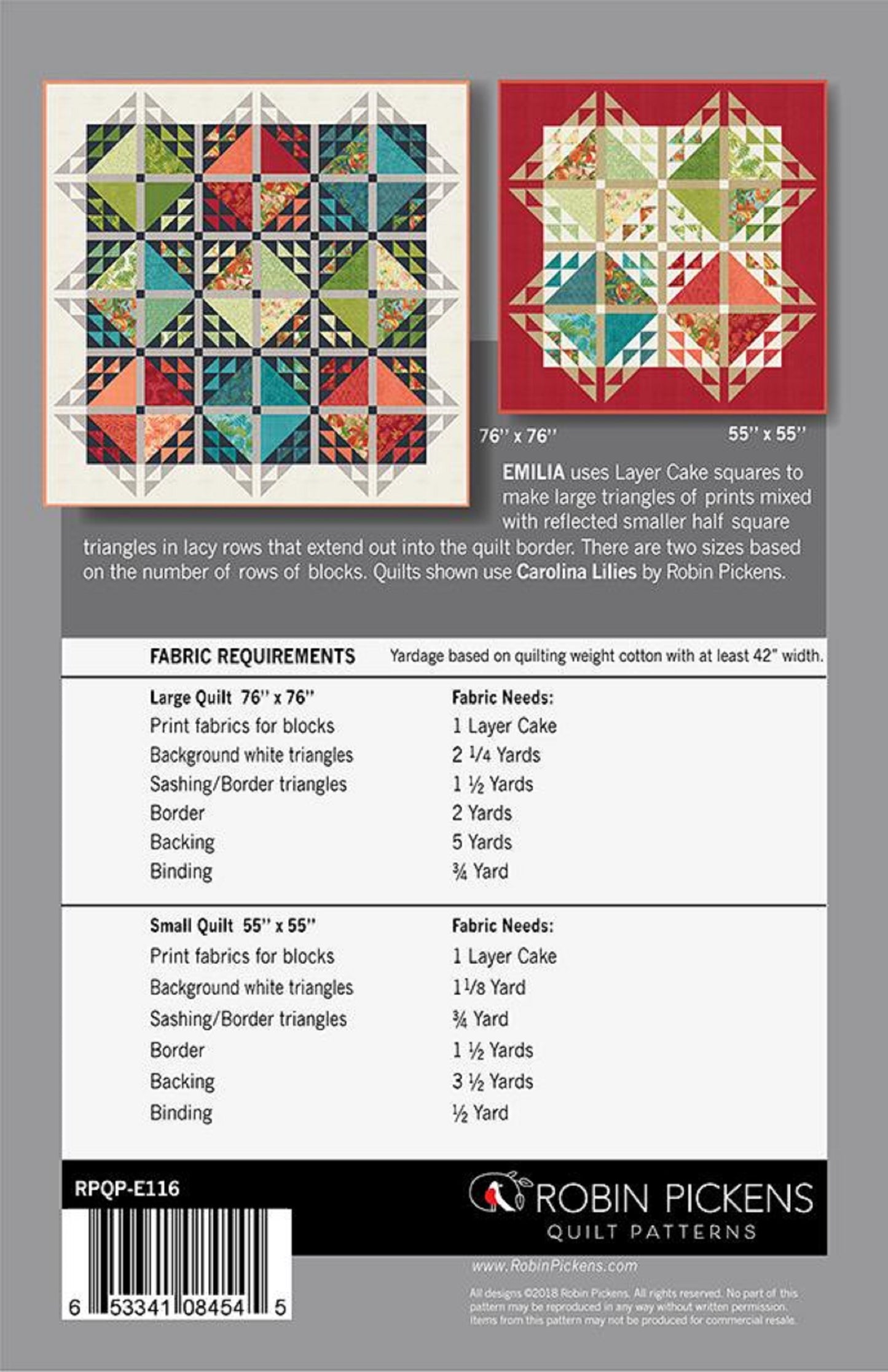 Emilia Quilt Pattern by Robin Pickens-Uses Layer Cake