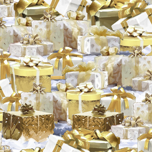 Here Comes Santa-Gold & White Presents-BTY-3 Wishes-Digital Print