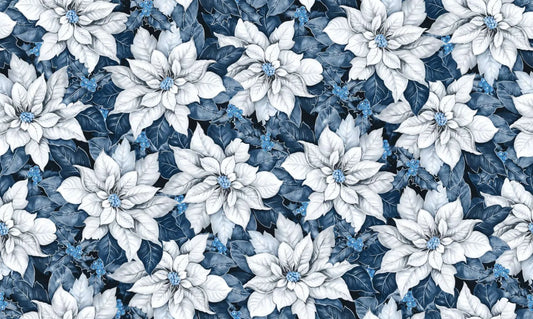 Noel Poinsettias-White-Blue B/G-BTY-Oasis Fabrics