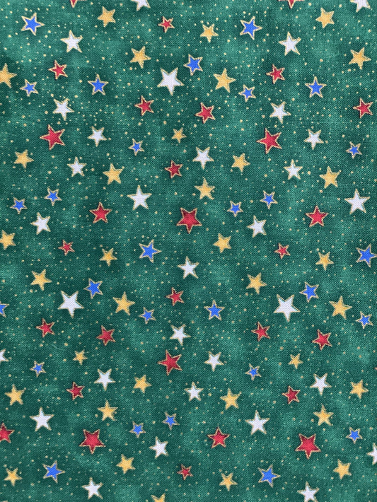 Season's Greetings-Multi Colored Stars Tossed-Green B/G-1 Yard-Fabri-Quilt