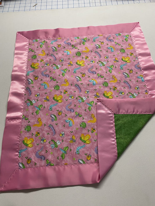 Happy Bugs Flannel Lovey w/Pink Satin Binding