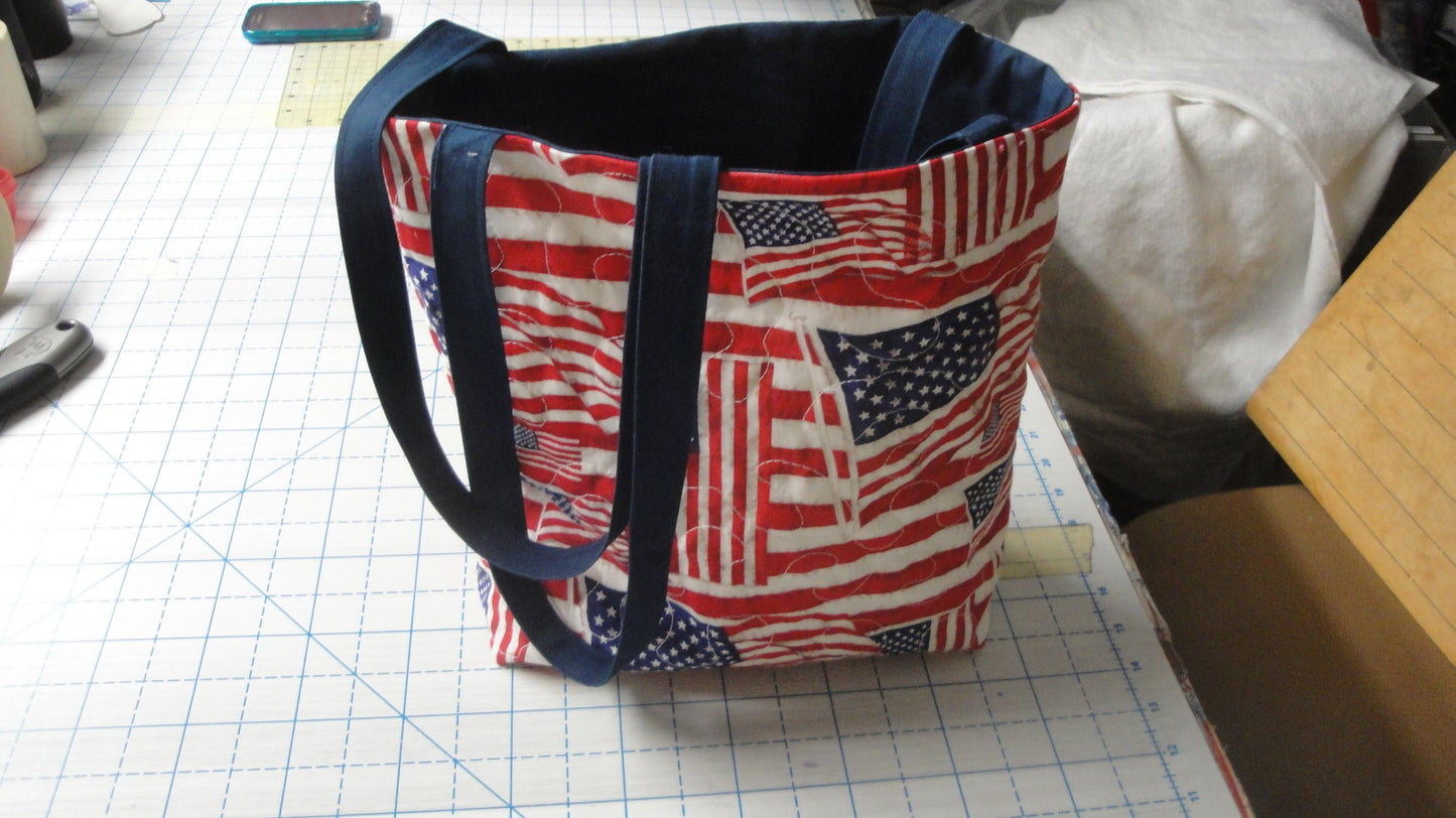 American Flags Tossed— Machine-Quilted Tote Bag