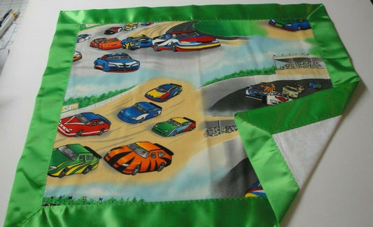 Race Cars Lovey w/Green Satin Binding