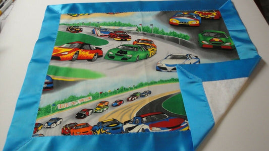 Race Cars Lovey w/Blue Satin Binding